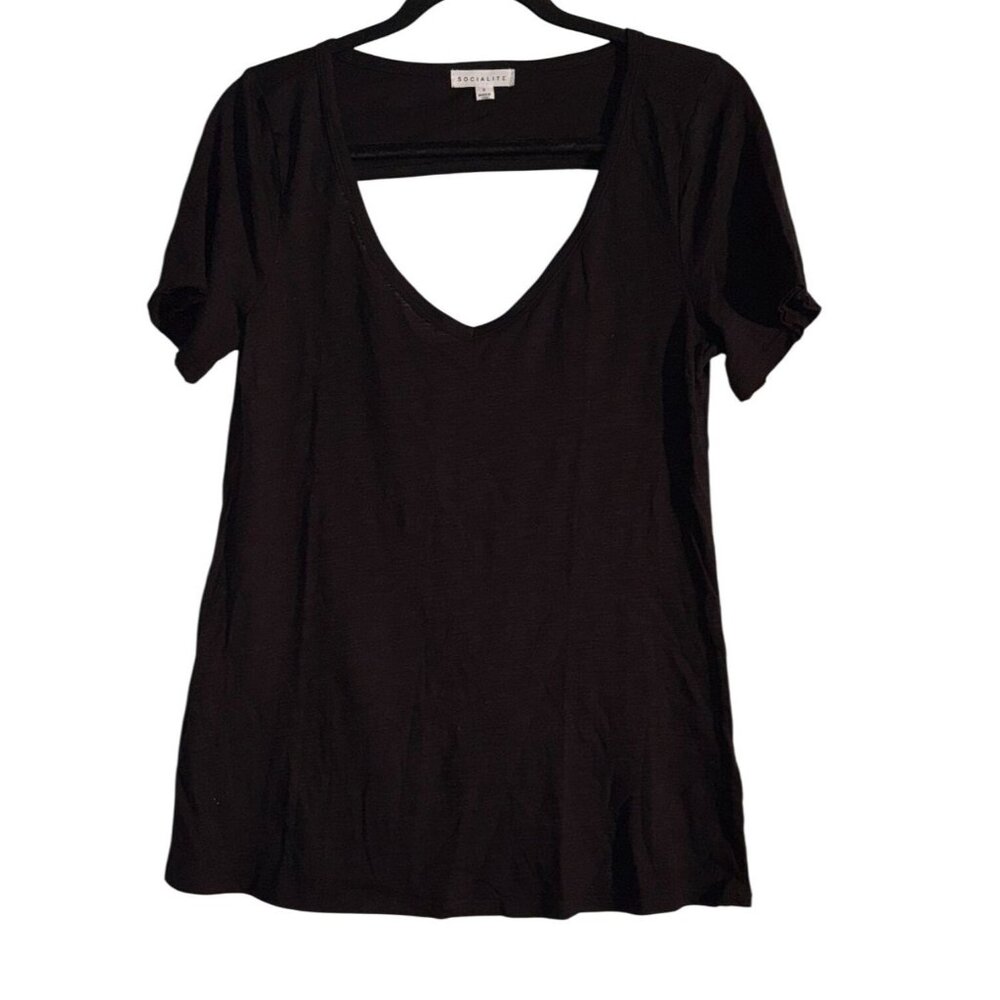 Socialite Black V-Neck Short Sleeve Womens T-Shirt Small Modal Cotton Blend